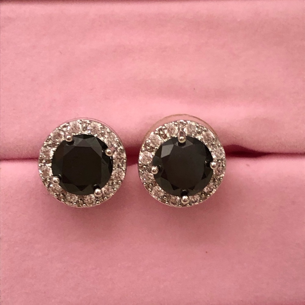 Halo-Set Earrings With Black Stones